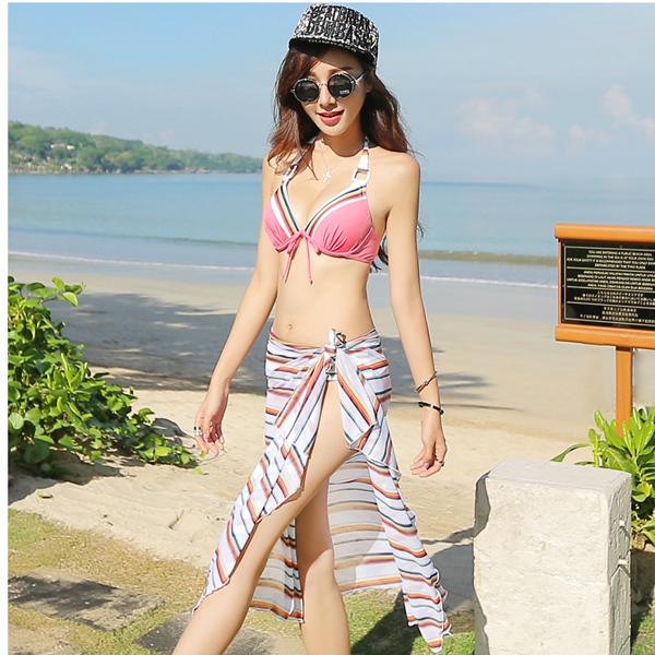 5Cgo  37698795018 比基尼泳衣女三件套bikini小胸聚攏鋼托分體遊泳衣裙式披紗  比基尼泳衣  GSX051000