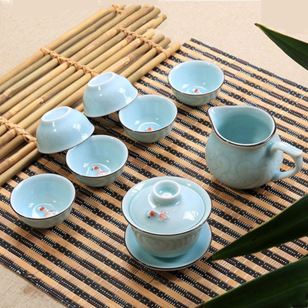5Cgo 38219323250 功夫茶具套裝陶瓷工夫茶杯龍泉青瓷蓋碗茶碗魚杯品茗杯茶具茶杯 八件套 WXP95000