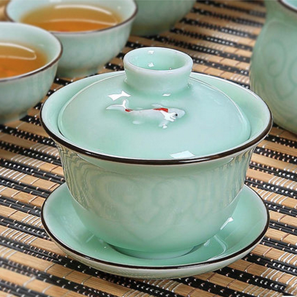 5Cgo 38624618876 功夫茶具青瓷三才碗功夫陶瓷茶具套裝配件茶碗蓋碗高檔鯉魚蓋碗 WXP42000