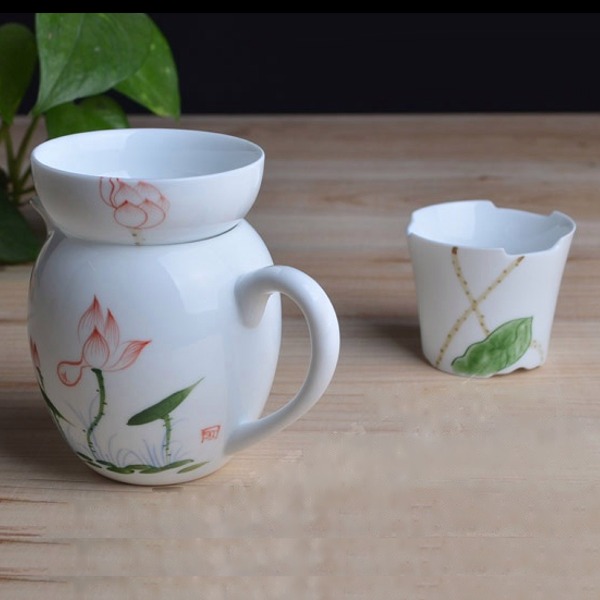 5Cgo 25870916628 薄胎手繪茶濾青花瓷功夫茶具配件陶瓷五彩荷花茶漏+茶海組合 AGL86000