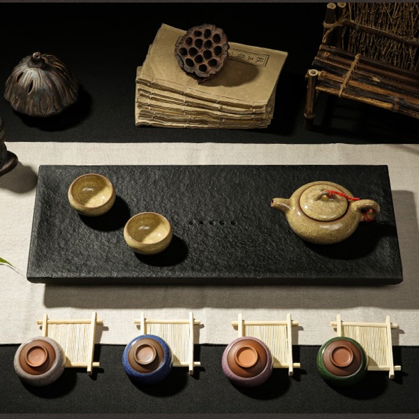 5Cgo 18790605248 小舟烏金石茶盤特價石材功夫茶具茶船石頭茶海排水黑金石茶臺泡茶養壺 50*20cm AGL58100