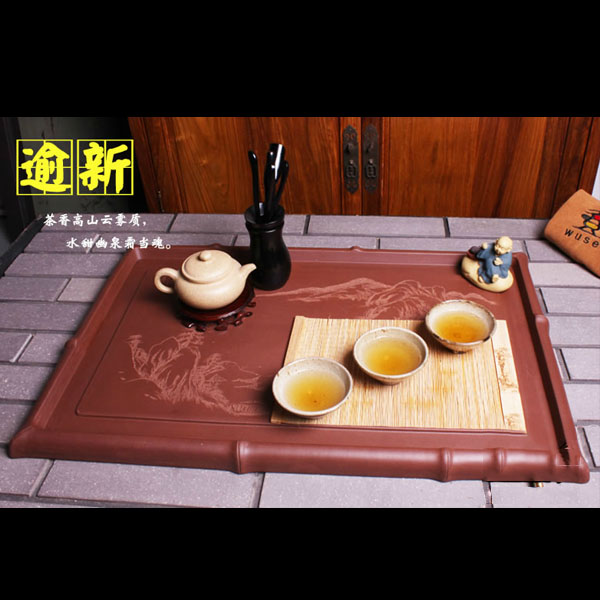 5Cgo 38767379237 茶臺純手工茶盤品茗圖紫紅小竹節山水原礦紫砂茶道泡茶桌功夫茶具 70*45cm  LAY03700