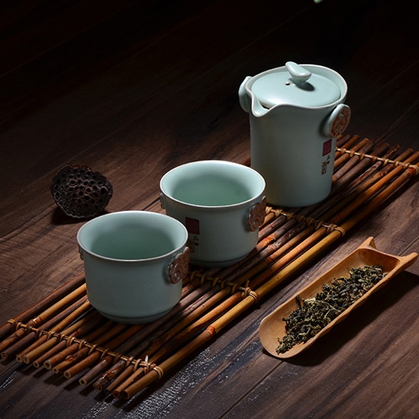 5Cgo 44430554496 汝窯杯快客杯旅行茶杯開片帶蓋雙耳防燙功夫茶具飲具一壺二杯 AGL99000