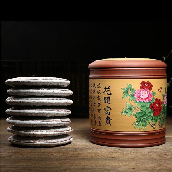5Cgo  42037736984 彩繪七子餅紫砂茶葉罐普洱茶葉缸陶瓷紫砂罐大號儲茶罐醒茶罐 可裝七餅  LAY96200