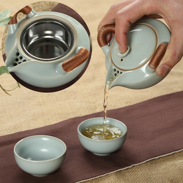 5Cgo 43426200839 汝窯陶瓷茶具茶壺辦公不鏽鋼濾網泡茶器開片快客杯 一壺二杯送收納包 AGL98000