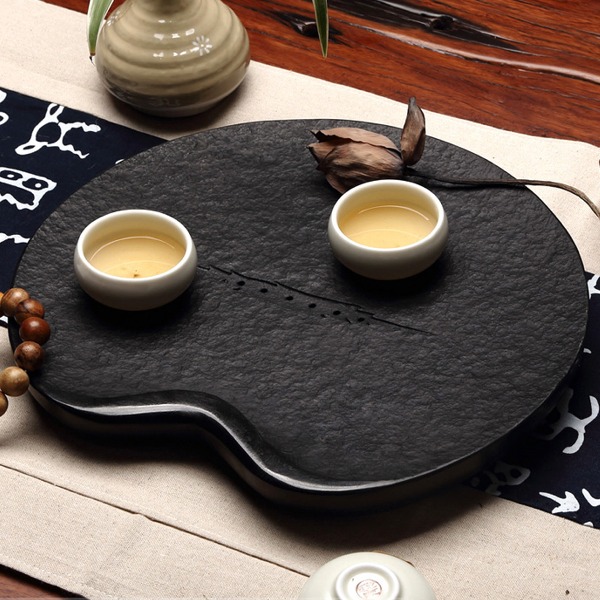 5Cgo 39014356048 荷葉 個人小型空烏金石茶盤茶臺茶船 黑金石茶海茶具功夫泡茶 圓形 30*30cm AGL86100