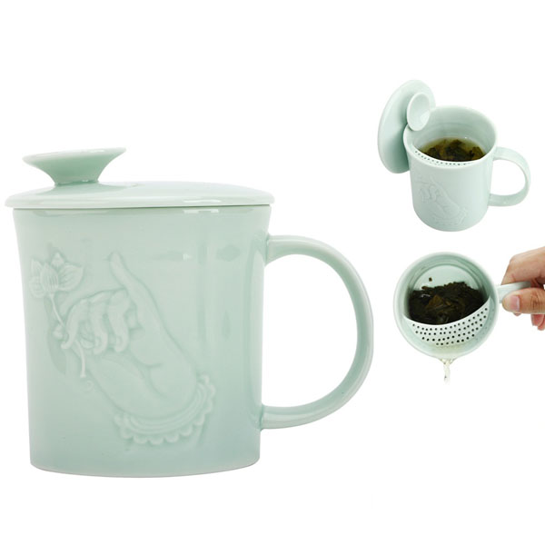 5Cgo  16696829236 功夫茶具佛心蓮自在杯青瓷泡茶杯陶瓷帶蓋過濾辦公杯子泡茶杯喝茶杯個人專用杯   LAY89000