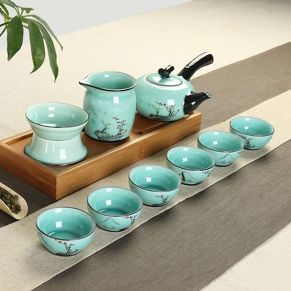 5Cgo 45285218606 功夫茶具青瓷手繪整套蓋碗茶壺套裝陶瓷茶具五彩青花瓷茶杯子山水畫 10件套   LAY85100