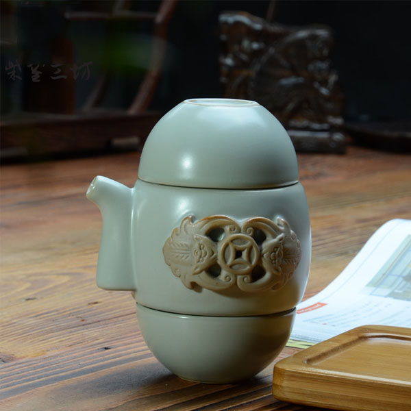 5Cgo  44083021198 汝窯快客杯陶瓷一壺兩杯開片二人旅行便攜功夫茶具套裝泡茶器鈞窯茶碗   LAY96100