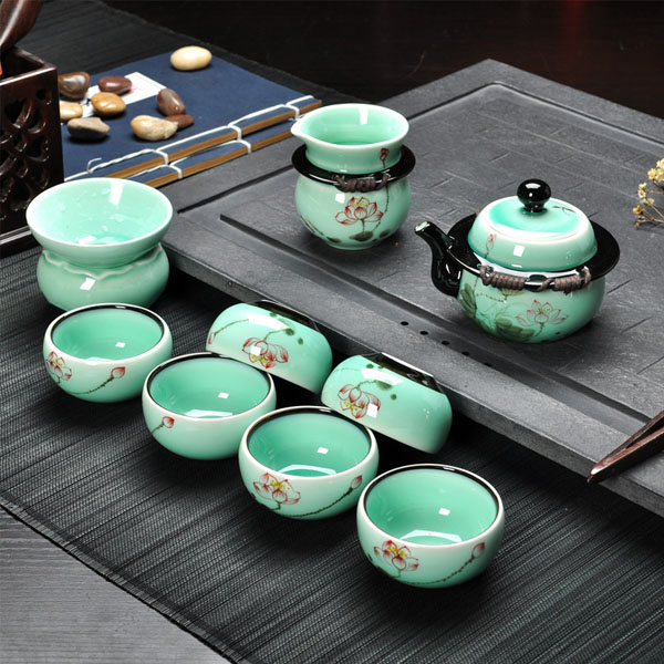 5Cgo 44518583301 功夫茶具青瓷茶具公道杯品茗杯陶瓷泡茶壺茶漏茶杯喝茶品茶手繪整套茶具 青瓷 LAY92100