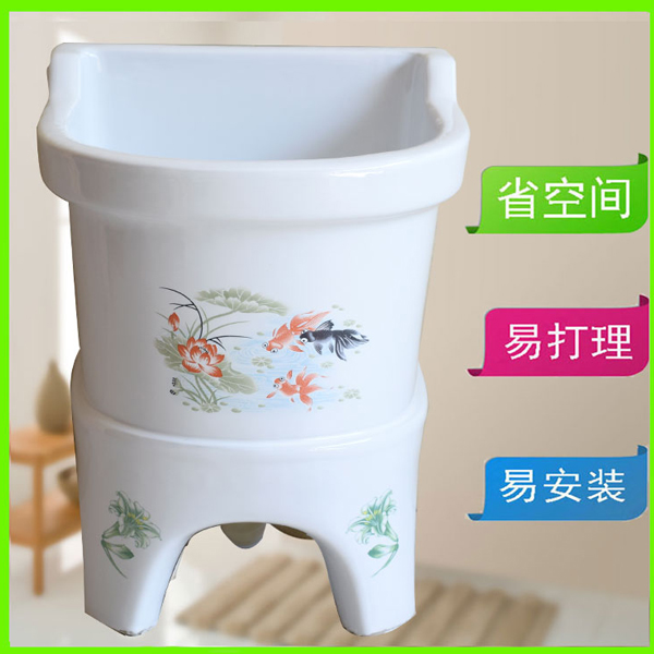 5Cgo 15080273441 陽台陶瓷墩布池衛生間拖布池帶腿牆角洗拖把池盆小拖布桶拖把槽衛生間大墩布池足浴SPA會所酒店花魚四角 CHX85200