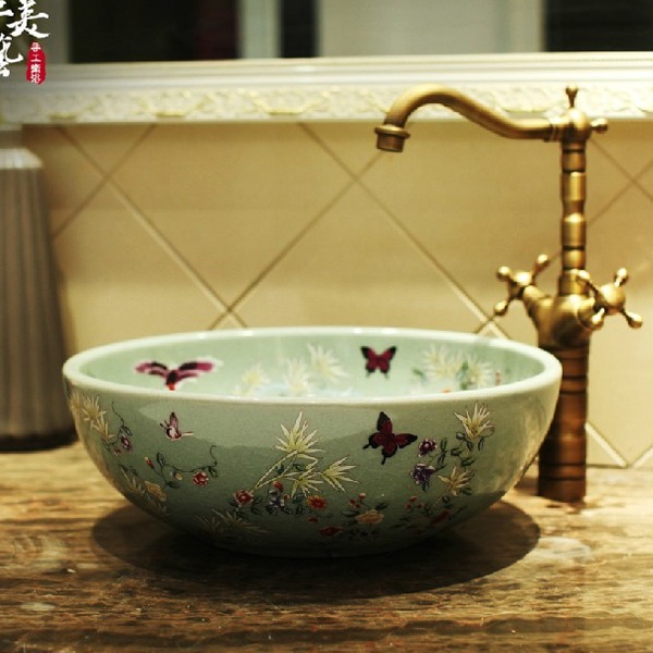 5Cgo 43447994335 陶瓷洗臉盆洗手盆仿古裂紋花鳥藝術盆水槽+圖片款水龍頭+落水器 套裝組 CHX99300 