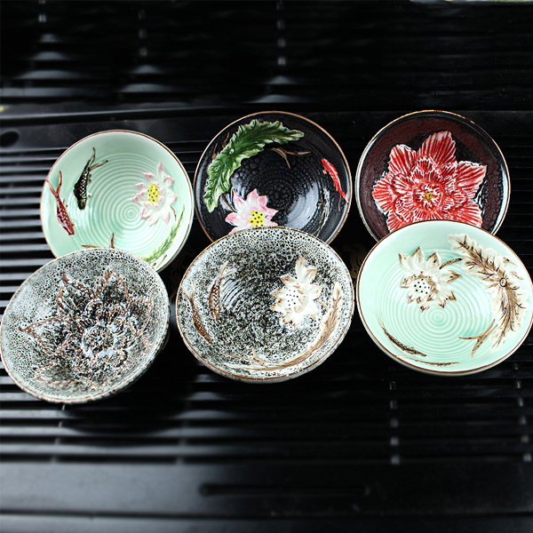 5Cgo 520088558076 品茗杯陶瓷青瓷杯窯變天目盞杯浮雕荷花魚泡茶杯子普洱杯品茶杯 六個杯  LAY43200