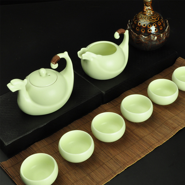 5Cgo  520787509521 陶瓷龍舟套裝茶具定窯功夫茶具整套茶具粉青色喝茶配件功夫茶杯水杯 8件套  LAY84100