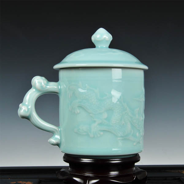 5Cgo 19277405784 龍泉青瓷高檔將軍杯創意龍紋茶杯大號帶蓋辦公杯陶瓷水杯大容量茶杯  LAY87000