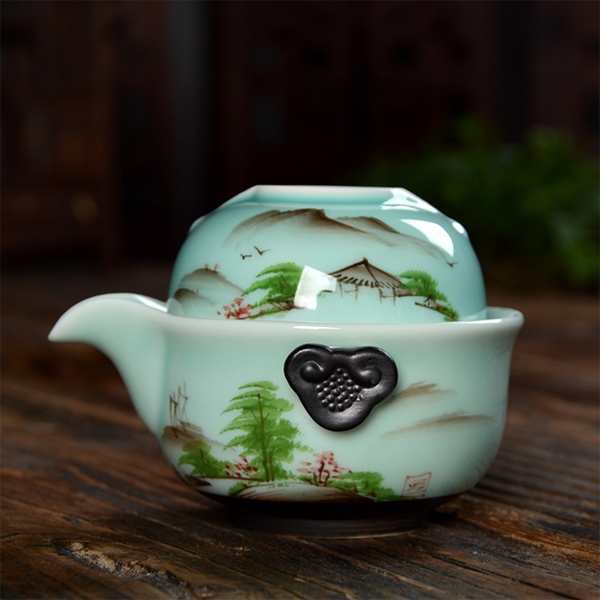 5Cgo 45549871349 手抓壺茶具手繪龍泉青瓷快客杯一壺一杯茶具個人功夫旅行茶具套裝  LAY04000