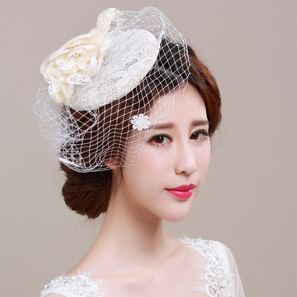 5Cgo 521846784449  新娘頭飾禮帽 摩登韓式手工網紗飾品結婚發飾 蕾絲面紗頭花 婚紗飾品   GSX84000