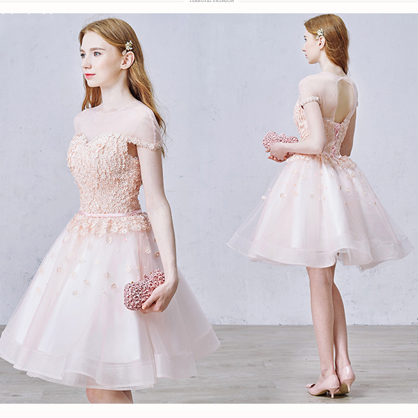 5Cgo 520715234625 新娘結婚禮服婚禮敬酒服 一字肩重工蕾絲晚宴年會短款小禮服 伴娘服  GSX89300