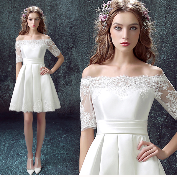5Cgo 520560822460 新娘結婚禮服婚禮敬酒服 白色中長袖婚禮短款婚紗小禮服 伴娘服  GSX89100