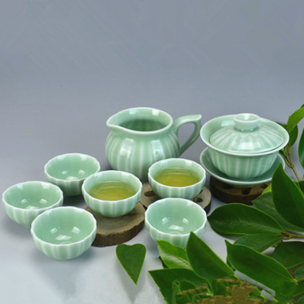 5Cgo  35262285162 青瓷蓋碗茶杯三才碗整套陶瓷茶具功夫品茗杯茶備公道杯小茶杯茶海 8件套  LAY87000