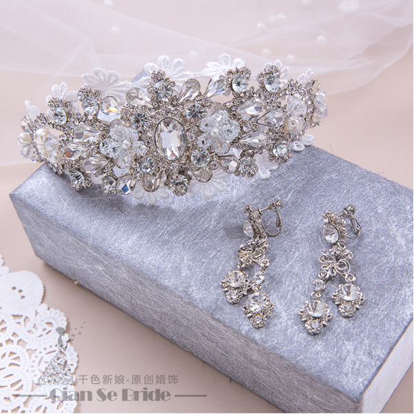 5Cgo 521374895166 新娘結婚大皇冠套裝凝望歐式複古手工蕾絲結婚頭飾品王冠婚紗髮飾   GSX56000