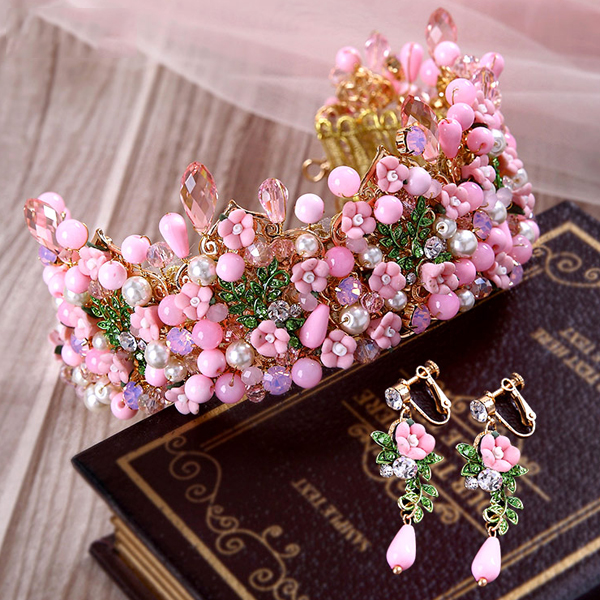 5Cgo 45705322869 新娘結婚頭飾心醉手工甜美粉色陶瓷花朵大皇冠結婚王冠禮服婚紗髮飾  GSX86100