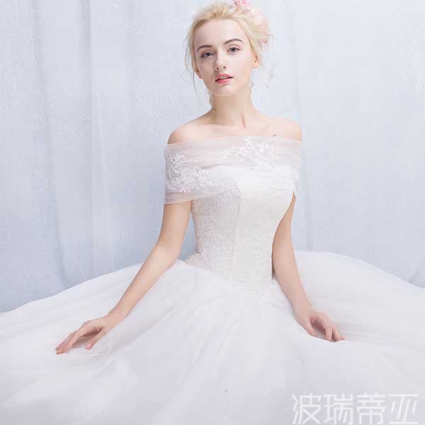 5Cgo 521455702842 韓式一字肩秋冬新娘婚紗禮服白色簡約抹胸出門齊地蓬蓬裙婚紗伴娘服  GSX99400