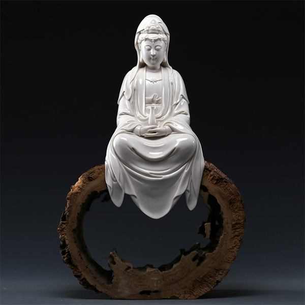 5Cgo 521477393580 禅意藝術品辦公室擺件德化陶瓷披坐觀音創意風化木工藝品供佛用品  LAY05600