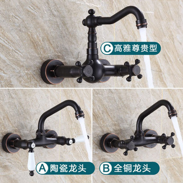 5Cgo 21945832166 衛浴室浴缸仿古冷熱水龍頭歐式復古全銅面盆洗衣池陽台通用黑色龍頭入牆式360°旋轉雙把雙控葫蘆形高矮款式住宅裝修 CHX12200_A