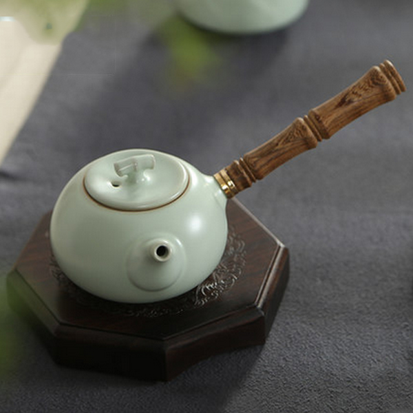 5Cgo  520577006751 汝窯茶壺單壺雞翅木側把壺開片泡茶壺陶瓷功夫茶具茶道燒茶壺   LAY98000