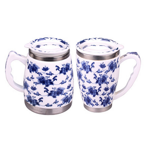 5Cgo  20355248783 景德鎮青花骨質瓷纏枝陶瓷水杯茶杯保溫杯不鏽鋼內膽辦公杯喝茶杯  LAY86000