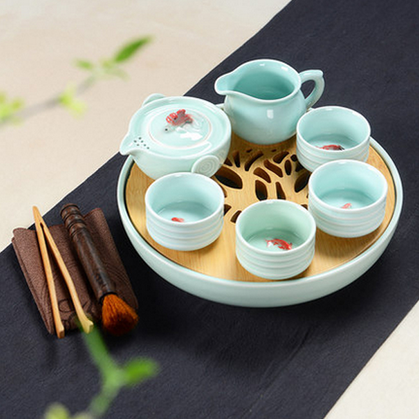5Cgo 524391446009 青瓷手工魚杯茶具套裝日式陶瓷功夫茶盤幹泡台盤辦公茶具套裝  LAY86200
