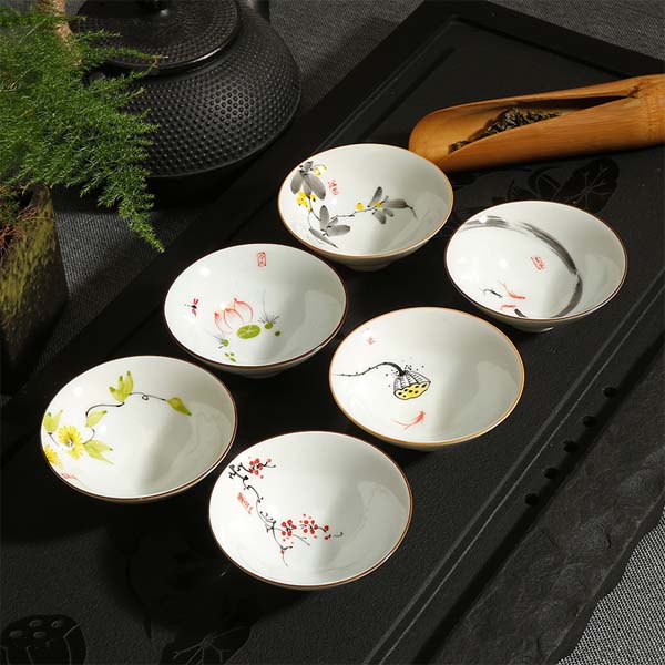 5Cgo 523054745817 手繪功夫茶杯陶瓷景德鎮青花瓷小茶杯品茗杯鬥笠杯子主人單杯茶具 10個杯 LAY02200