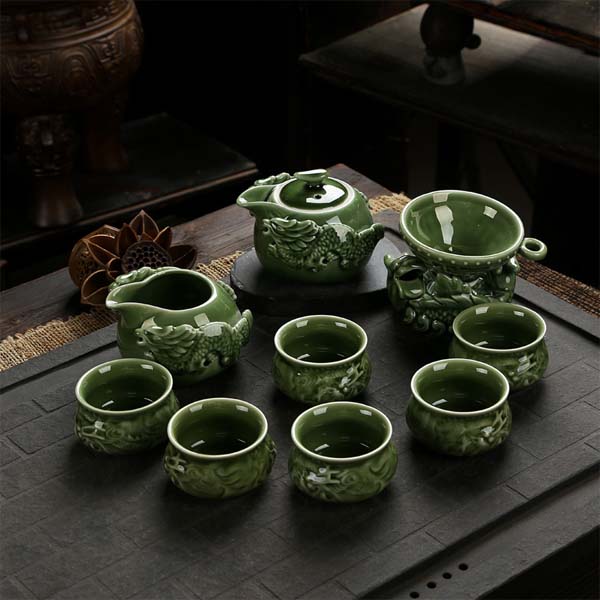 5Cgo 41938898399 養生活瓷整套高檔陶瓷功夫茶具套裝雙龍手抓壺浮雕泡茶茶器 10件套 LAY96100