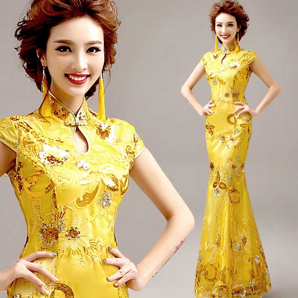 5Cgo  40352617656 新娘結婚敬酒服婚禮 黃色蕾絲短袖 長款魚尾旗袍禮服新娘裝伴娘服  89100