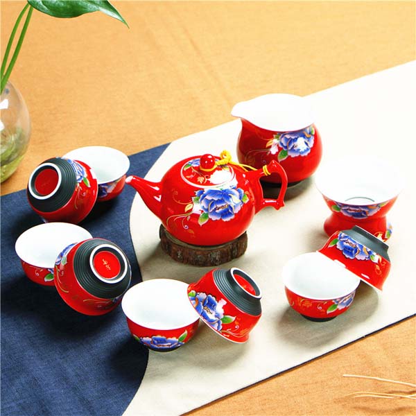 5Cgo 520411725732 螺紋紅牡丹紅色瓷器結婚茶具套裝婚慶用功夫茶具茶壺敬茶杯高檔禮品 LAY84100