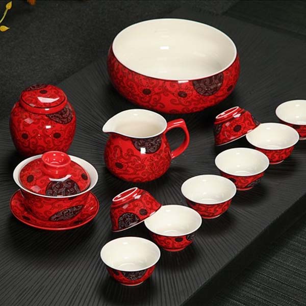 5Cgo  522728069736 喜慶紅釉茶具套組中國紅釉色結婚喜慶功夫茶具高檔茶具禮品12頭 LAY93100