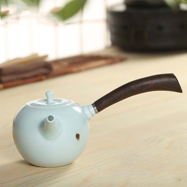 5Cgo  520801690390 手工青瓷整套功夫茶具茶杯陶瓷茶壺側把壺雞翅木木柄茶具泡茶壺  LAY39000