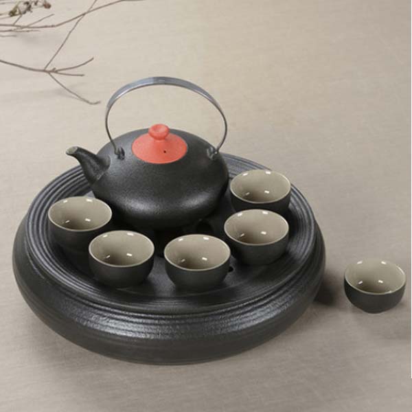5Cgo 40713168889 陶瓷功夫茶具套裝帶圓盤提梁壺茶具茶盤套裝茶海托盤粗陶黑釉色 8件 LAY89200