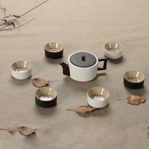 5Cgo 41080336054 陶瓷禅風功夫茶具套裝雙層杯子隔熱禮品茶具茶藝套組喝茶泡茶杯 7件  LAY94200