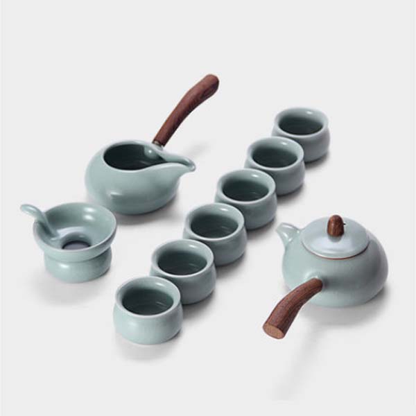 5Cgo 13893805162 汝窯茶具西施黑檀木側把壺功夫茶具高檔禮盒泡茶壺陶瓷茶漏茶碗 10件 LAY00300