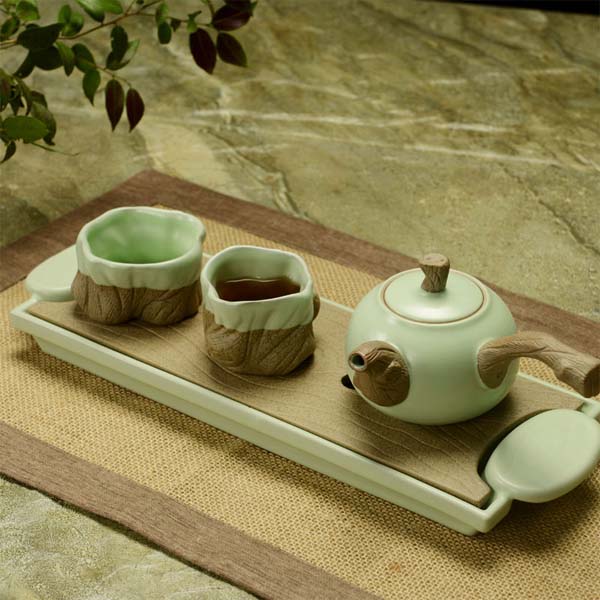5Cgo  43435680592 汝窯快客杯一壺兩杯創意枯木陶瓷功夫茶具茶杯茶壺茶盤禮盒套裝    LAY89100