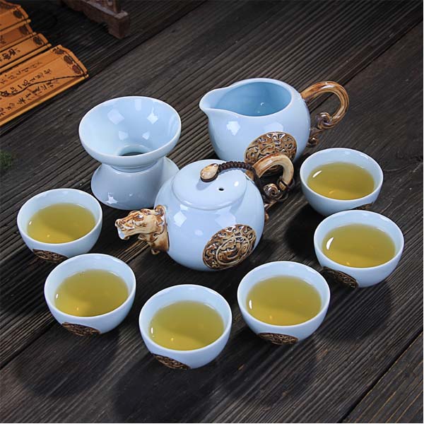 5Cgo  44888897787 龍紋浮雕10頭色釉青瓷茶具精品高級禮品功夫茶具泡茶器具茶藝茶道    LAY18000