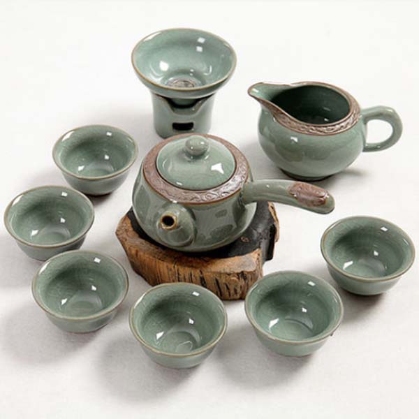 5Cgo 36995480806 陶瓷整套功夫茶具青瓷哥窯茶具套裝浮雕福字降龍9入組品茗杯   LAY83100