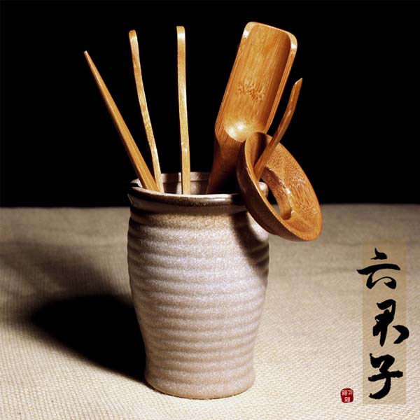 5Cgo 41490605936 竹制茶道六君子組合陶瓷手繪粗陶功夫茶具配件茶夾茶漏茶洗陶瓷茶具配件 WLZ72000