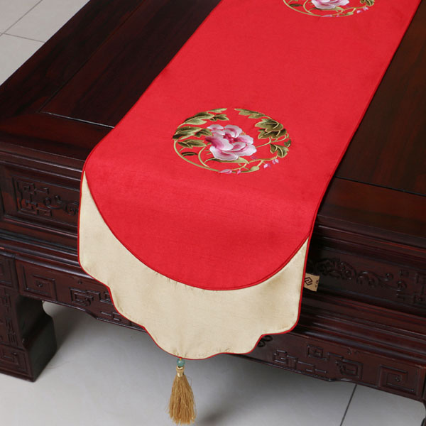 5Cgo 521524956142 中式桌旗歐美式桌條茶幾旗床旗餐墊現代紅木家具刺繡布藝餐桌布床旗床尾巾桌面裝飾設計流蘇吊墜 CHX26000