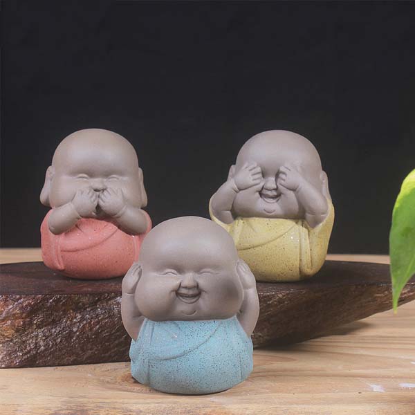 5Cgo 525214007134 茗道三不小沙彌茶寵擺件小和尚精品紫砂茶寵彩砂陶瓷手工茶具配件功夫茶具用品HZS43000