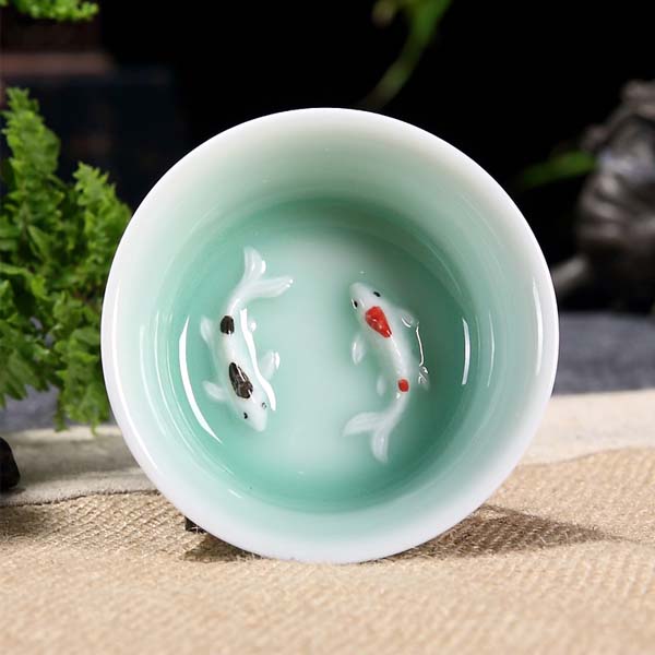 5Cgo 45808503078 茗道粗陶流釉青瓷茶杯創意彩鯉杯功夫茶具用品品茗杯單魚杯雙魚杯一組6杯HZS87000
