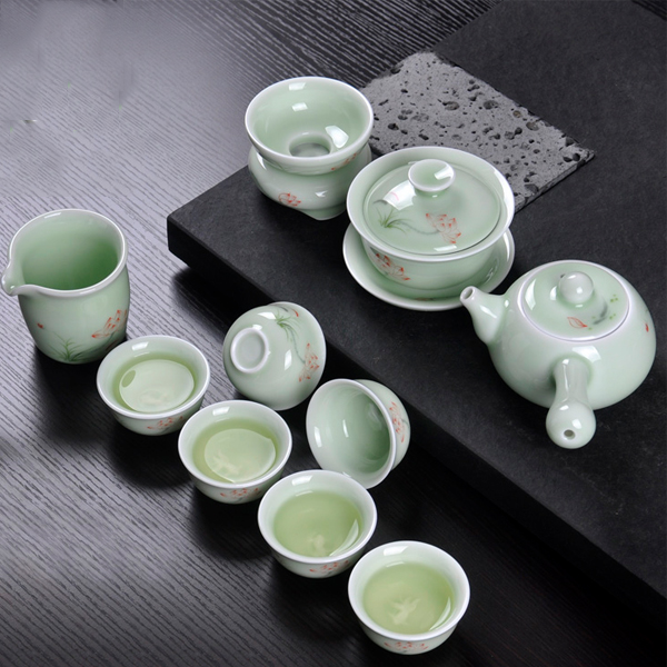 5Cgo 520734466391 陶瓷功夫茶具套裝龍泉青瓷手繪荷花側把壺蓋碗茶壺茶杯茶漏HZS97100