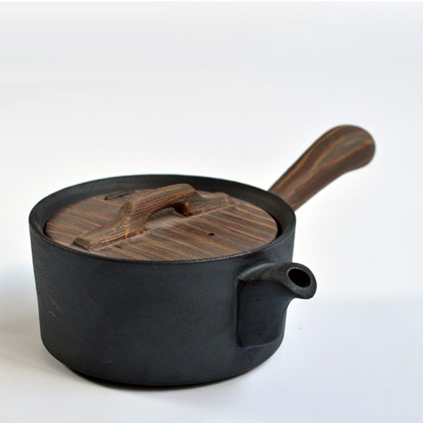 5Cgo 526189048252 粗陶瓷功夫茶具黑陶單壺泡茶器粗陶側把壺仿古木質手把橫把茶壺 AGL88100
